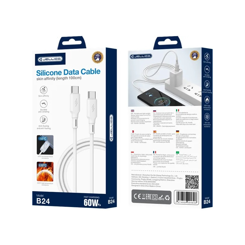 Jellico USB-C til USB-C Silikonkabel 60W 100cm – Hvit