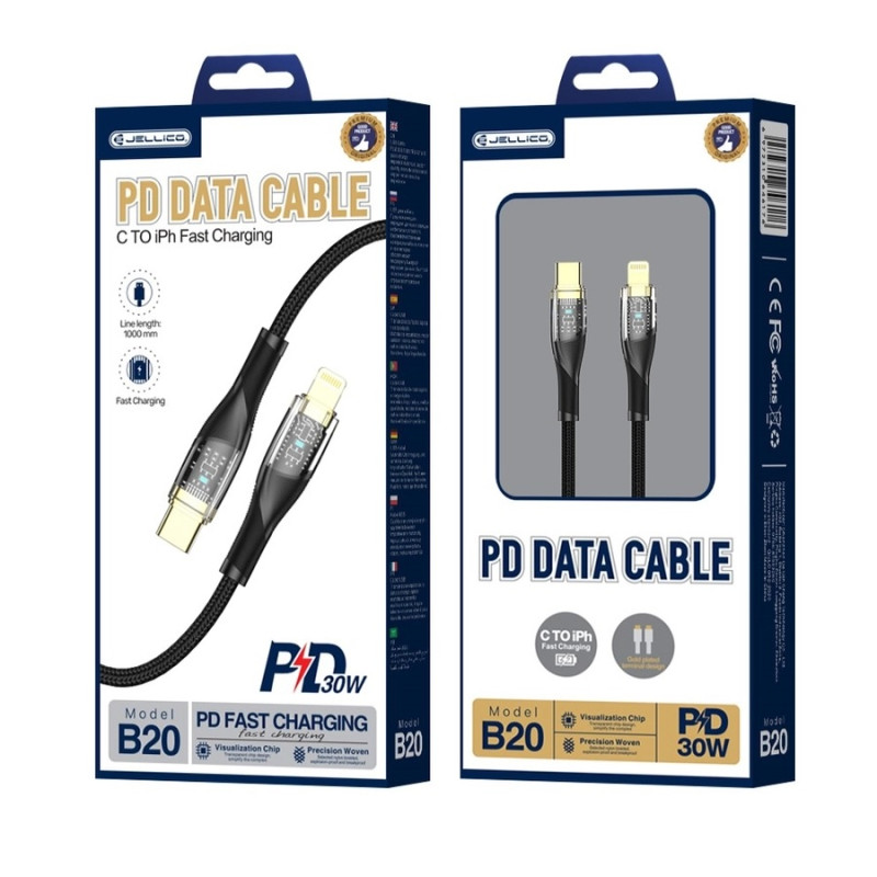 JELLICO B20 USB-C til Lightning-kabel – PD 30W, 1M, Svart