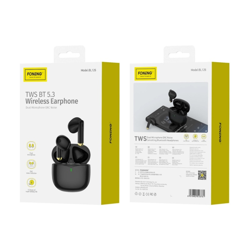 FONENG BL126 Wireless Earphones – TWS Bluetooth 5.3, ENC, Black