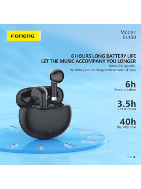 FONENG BL130 Trådløse Ørepropper – TWS Bluetooth 5.3, ENC, Svart