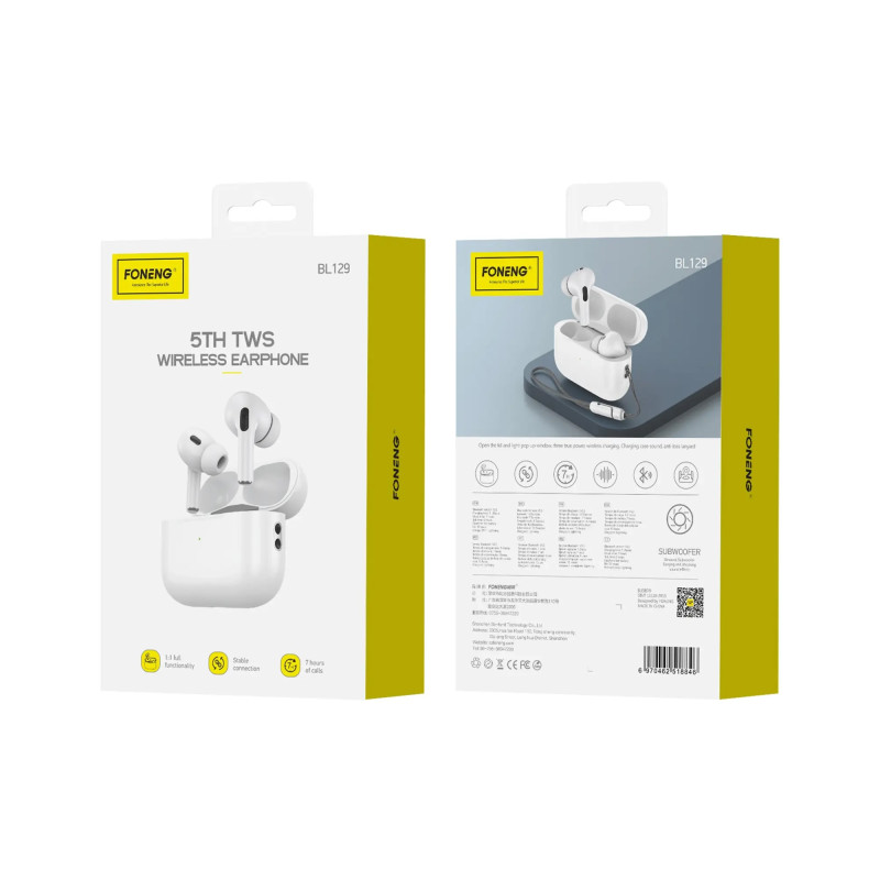 FONENG BL129 Trådløse Ørepropper – 5th TWS Bluetooth, Hvit