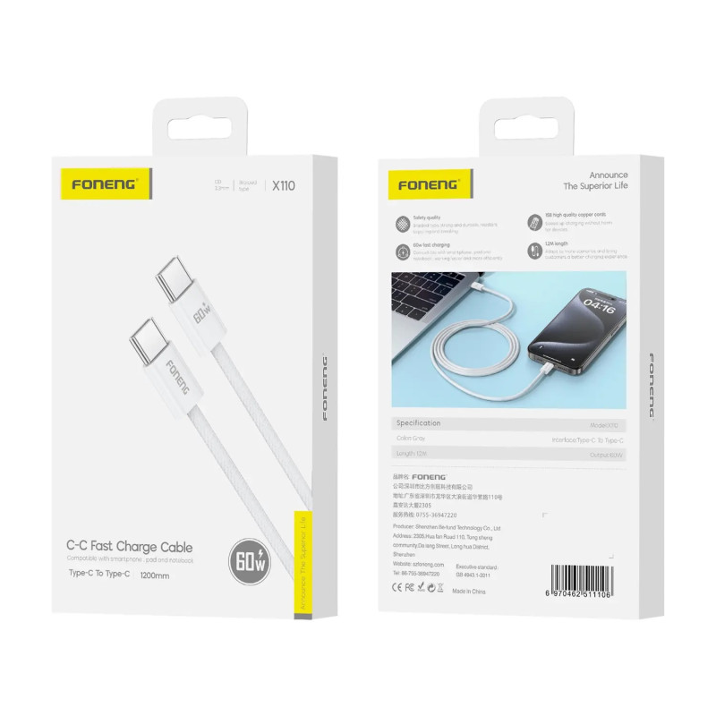 FONENG X110 USB-C til USB-C Hurtigladerkabel – 60W, 1,2m, Hvit