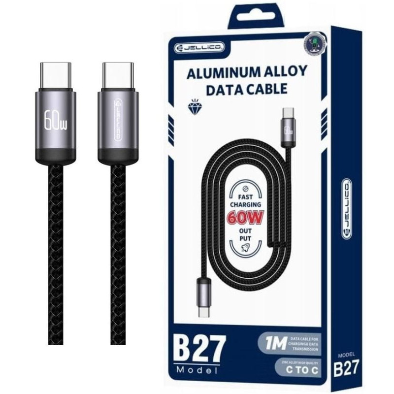 Jellico B27 USB-C til USB-C Hurtigladerkabel – 60W, 1m, Svart Aluminium